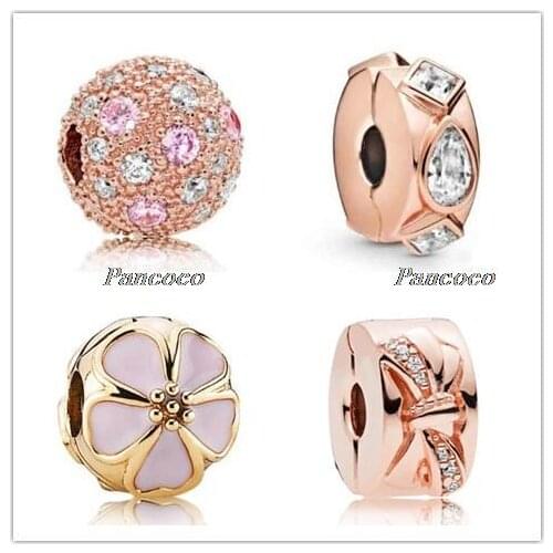 925 Sterling Silver Bead Rose Gold Timeless Elegance Geometric Clip Charm Fit Pandora Women Bracelet & Necklace Diy Jewelry