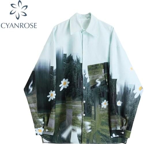 Vintage Ink Painting Blouses Women Boyfriend Single Breasted Oversize Long Sleeve Shirt Female Harajuku Fashion Chic Blusas Tops