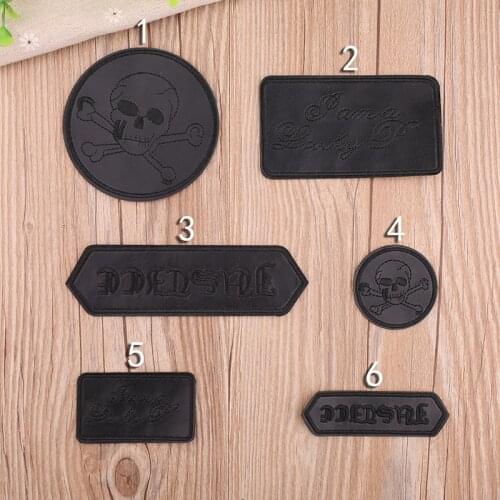 Black PU Leather Iron on Patch Skull Embroidery Patches for Clothing Clothes Jacket Appliques Punk Biker Badge Stripe Sticker