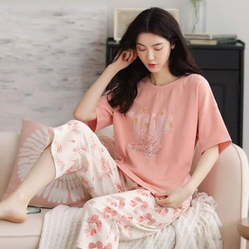 Cotton Plus Size Pajamas Homewear Women Two Pieces Loungewear Fashion Print Short Sleeve Sleepwear Female Summer Loose Home Suit