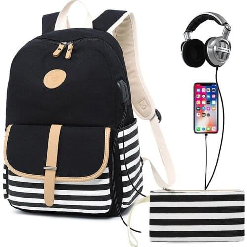 Hot Sale Canvas Backpack Women School Bags for Girls Large Capacity USB Charge Laptop Backpack Travel Rucksack for Teenagers