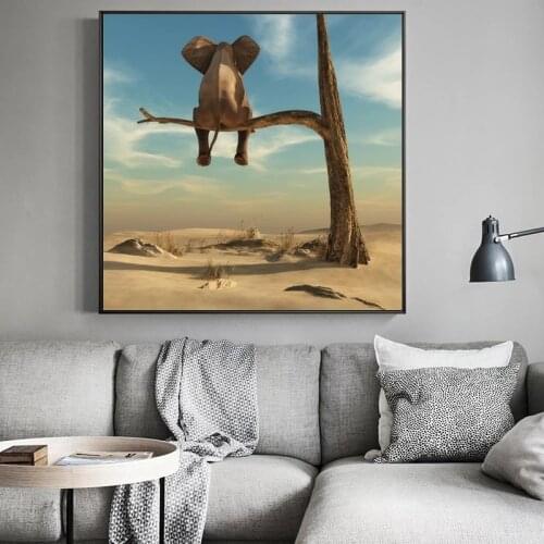 Surrealism Elephant Sitting on Tree Branch Canvas Painting Art Nordic Posters and Prints Wall Pictures for Living Room Decor