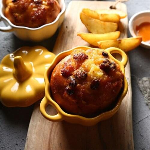 Ceramic Pumpkin Bowl With Lid and Handle Salad Fruit Soup Bowl Kitchen Microwave Oven Baking Bowl Household Decorative Tableware