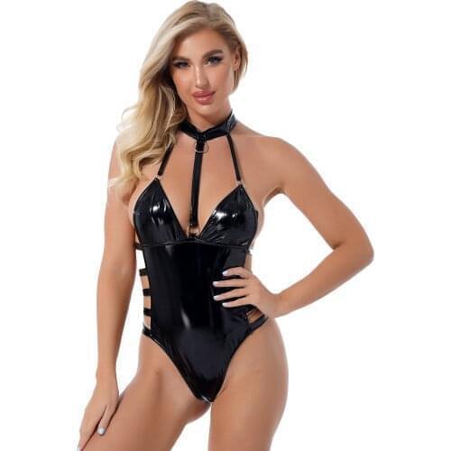 Womens Wet Look Patent Leather Jumpsuit Backless Sleeveless Romper Halter Hollow Out Cutout Bodycon Party Stage Show Clubwear