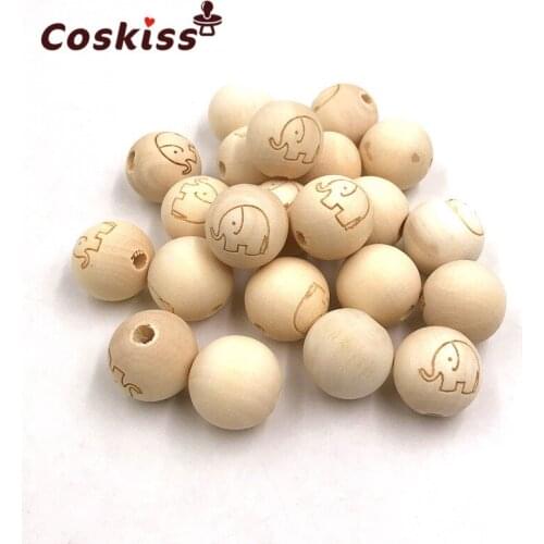 Round Necklace Printed Wooden Beads Elephant Pentagram Crown Pattern Unfinished Baby Teether Wooden Elephant Teething Beads