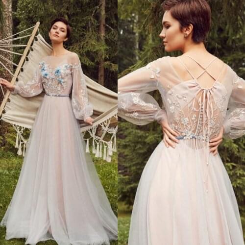 2020 Evening Dresses Jewel Lace Appliques Long Sleeves Prom Gowns Lace-up Back Floor Length A Line Special Occasion Dress