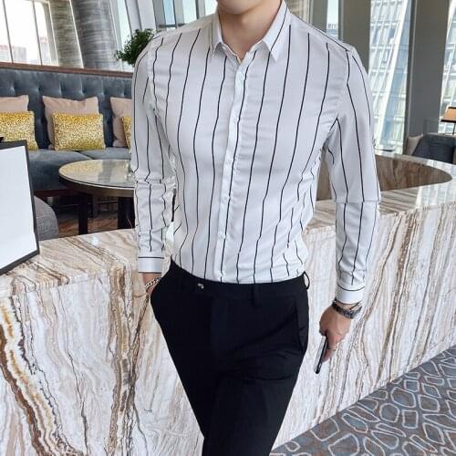 2021 New Mens Fashion Business Casual Striped Long Sleeve Shirt Mens Brand Slim Check Professional Dress Shirt tops S-XXXL