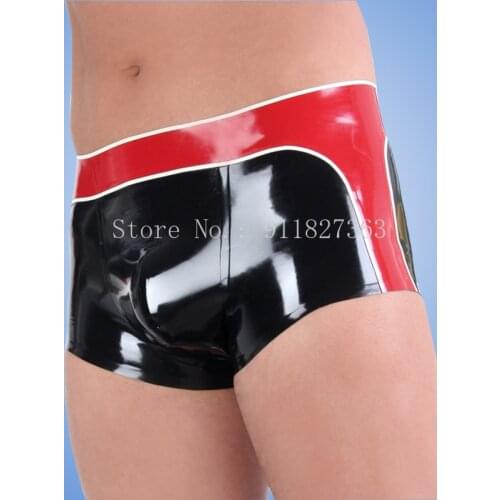 Handmade Men Black with Red Latex Rubber Fetish Shorts Underwear no zipper