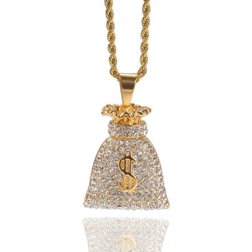 Hip Hop Mens Iced Out Gold USD Money Bag Pendant Necklace Cz Stones Dollar Bag Jewelry Gift For Him with Rope Chain