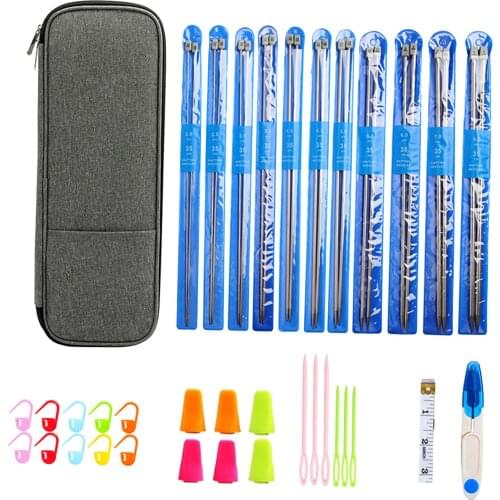 Knitting Set 2-8mm Straight Metal Needles Measure Tape DIY Knit Tools 35cm stick needle sewing accessories storage bag set
