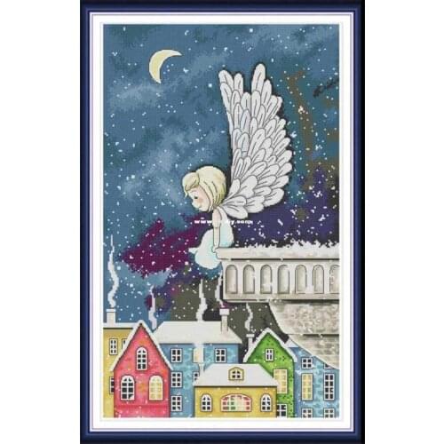 Lovely Gold Collection Counted Cross Stitch Kit Snow Angel Moon night Fairy on the roof Colorful small house 10350