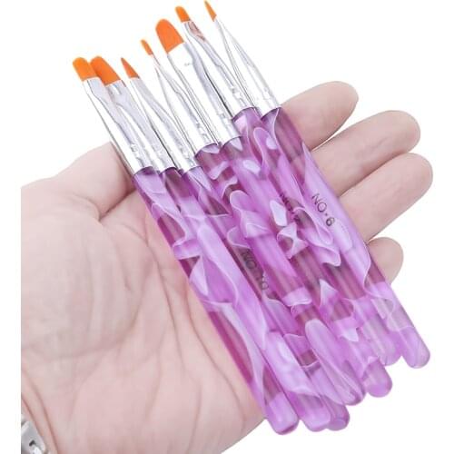 7Pcs/Set Flat UV Gel Acrylic Nail Brush Set Nail Art Painting Purple Pen Design Builder Salon Tip DIY Nail Tools