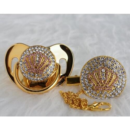 MIYOCAR Gold beautiful GOLD bling pink crown pacifier and pacifier clip set BPA free dummy bling unique design APCB-8