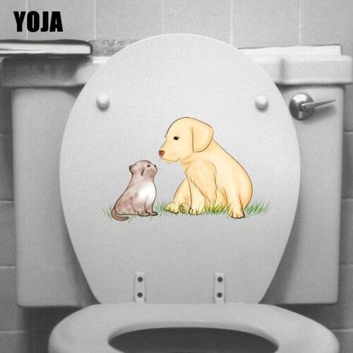 YOJA 21.4*12.9CM Dog And Cat Wall Decal Cartoon Toilet Sticker Kids BedRoom Home Decor T3-0491