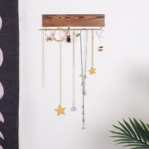 Wall Mounted Jewelry Organizer Wood Gold Metal Hook Rack with Earrings Bar
