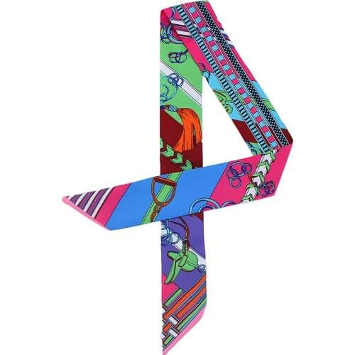 POBING New Design Chain Saddle Print Silk Scarf Women Head Scarf Brand Small Tie Handle Bag Ribbon Long Scarves Wraps 100*5CM