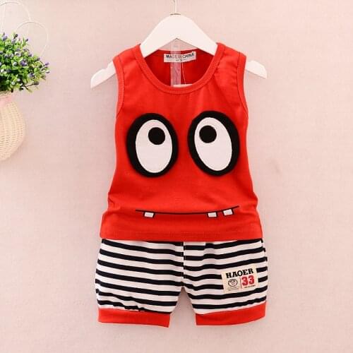 Baby Boy Summer Outfits Korean Cute Big Eyes Sleeveless Tops Vest + Striped Shorts 2PCS Infant Clothing Kids Bebes Jogging Suits