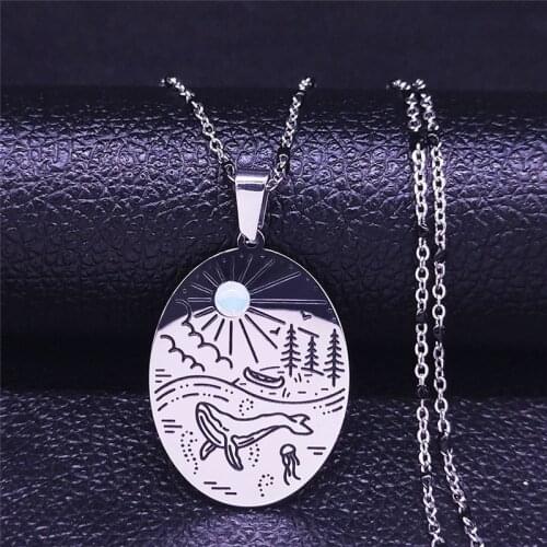 Vacation Sun Whale Beach Moonstone Stainless Steel Necklaces Silver Color Charm Necklace Jewelry collier femme NXS04