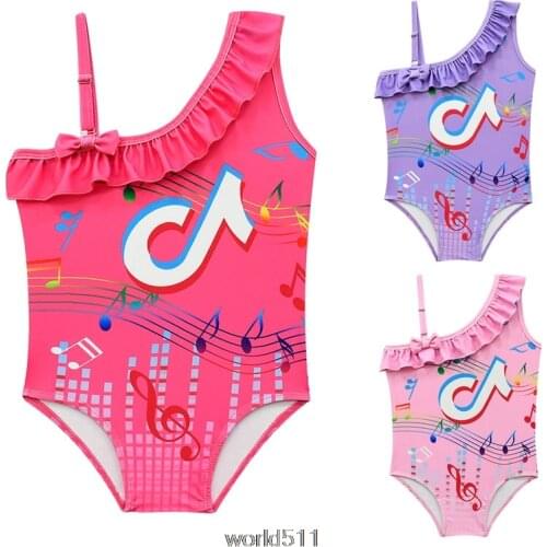 Swimwear Girls' Summer Cute Tik Tok Print Bowknot One-Piece Swimsuit 2021 Summer Tik Tok Childrens Bathing Suit