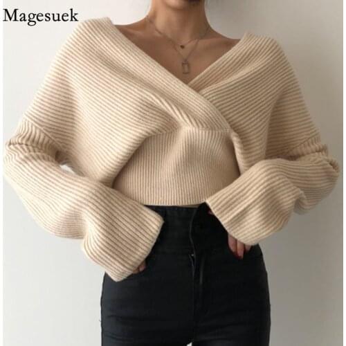 2021 Autumn and Winter Womens Sweater Korean Slim Pullover Knitwear Tops Long Sleeve Sexy V Neck Neck Knitted Sweaters 16059