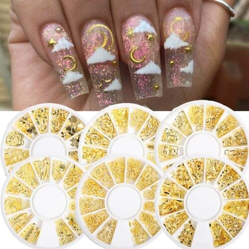 Nail Art Decorations Gold Nail Rivets Stud Metal Mixed Moon Star Heart Shell Geometry DIY Tips Manicure Jewelry Accessories 1Box