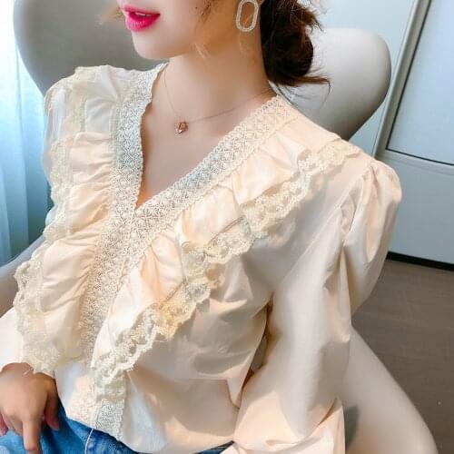 Women Ruffles Hem Blouse Ladies V-neck Lace Tops Long Sleeve Blouses Shirts Elegant Blusas Femininas