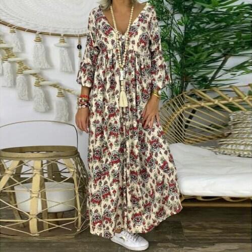 WomenS Fashion Ladies Floral Dress Casual Loose Plus Size Three Quarter Sleeve Sexy Deep V-Neck Long Maxi Dress Vestidos Robe