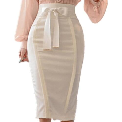 2021 spring autumn ol pencil skirt women high waist package hip bow split knee length skirt