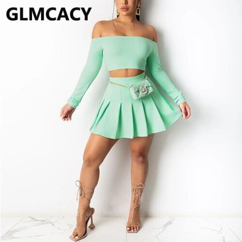 Women Two Piece Sweet Dress Suits Long Sleeve Off Shoulder Crop Top & Pleated Skirt Set