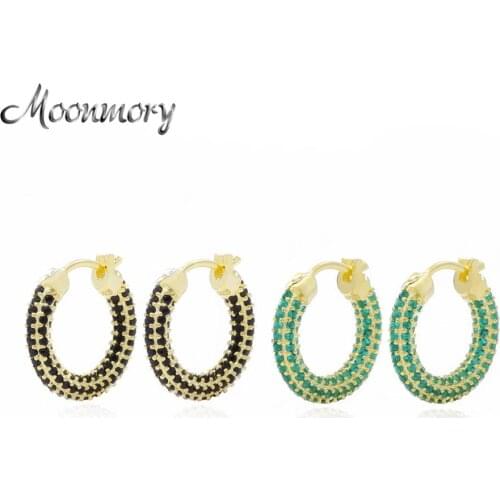 Moonmory Luxury 925 Sterling Silver Pave Amalei Crystal Huggies Hoop Earring For Women Black Green Stone Thick Hoop Earring