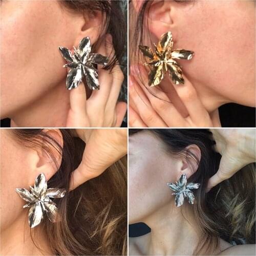 POXAM Fashion Vintage Large Geometry Golden Earrings 2019 For Women Accessories Statement Metal Flowers Ear Stud Earring Jewelry