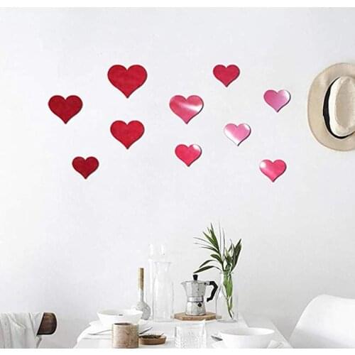 10Pcs Love Heart Acrylic Mirror Wall Stickers Removable Mural Decal 3D Mirror Wall Stickers for Bedroom and Living Room