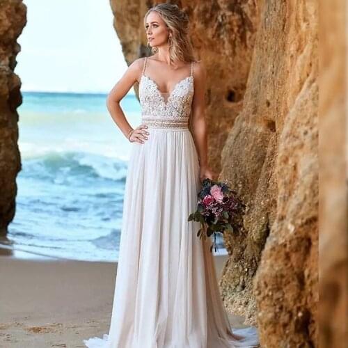 2021 Wedding Dress Sleeveless Boho Beach Wedding Simple Lace Applique Chiffon Backless Robe Bridal Gown