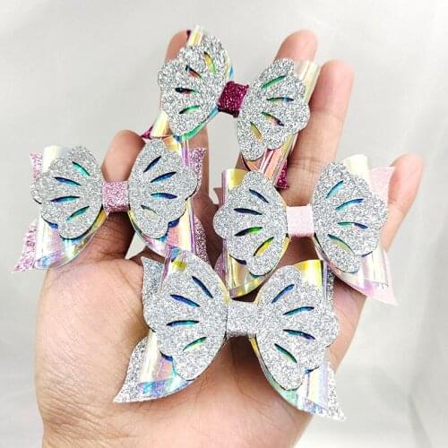 6pcs/lot Shiny Glitter Bowknot Patchess Appliques For DIY Handmade Childrens Hair Clip Accessories