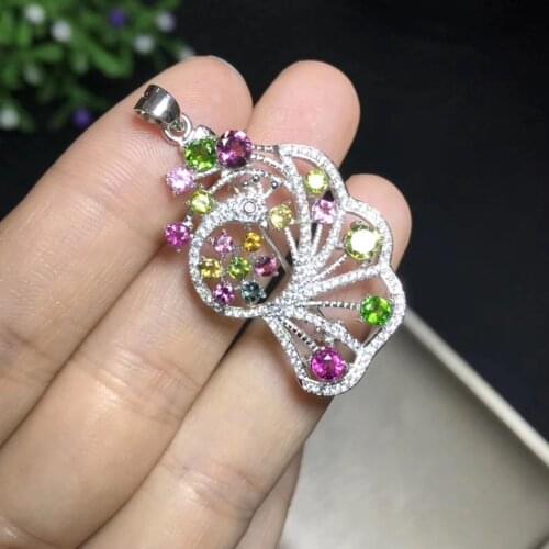 Natural Multicolor tourmaline Elegant Peacock wings brooch Pendant natural gemstone brooch S925 silver women girl gift jewelry