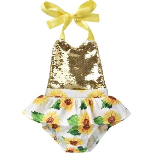 Newborn Baby Girls Romper Infant Summer Creative Sunflower Printing Sequins Decoration Sleeveless Hanging Neck Jumpsuit