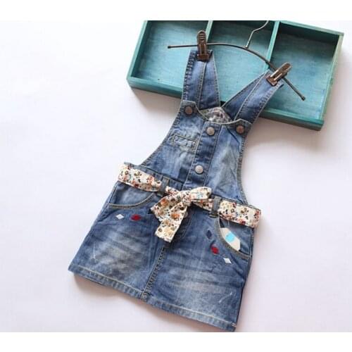 Baby Girls Denim Dresses Girls Denim Suspender Sundress Kids Floral Belt Denim Mini-Dress Free Shipping