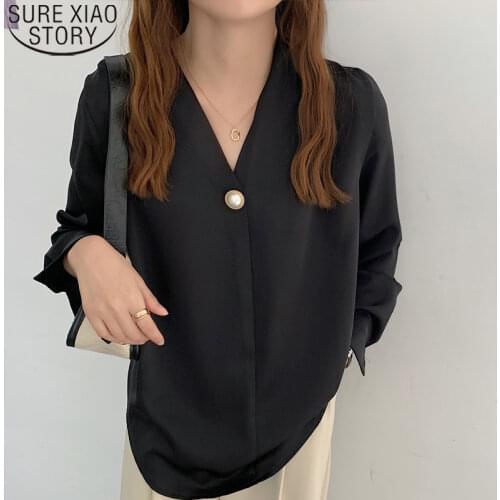 Elegant Chiffon Women Blouse Office Lady Long Sleeve Shirts Women Tops Beading 2021 V-Neck Plus Size Loose Female Clothing 13168