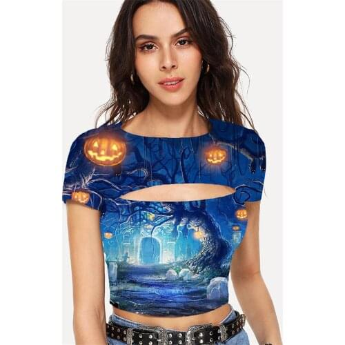 Somepet Pumpkin T shirt Women Halloween Navel Bare Tree Shirt Print Animal Tshirt Printed Womens Clothing Punk Rock Fashion
