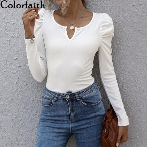 Colorfaith New 2021 Womens Spring Autumn T-shirt Soild Bottoming Basic Korean Fashionable Puff Sleeve Wild Short Tops T20114AB