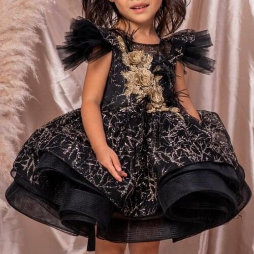 Beautiful Princess Flower Girl Dress Black Puffy Tulle Gold Flowers O Neck Infant Girls First Birthday Dress Photography