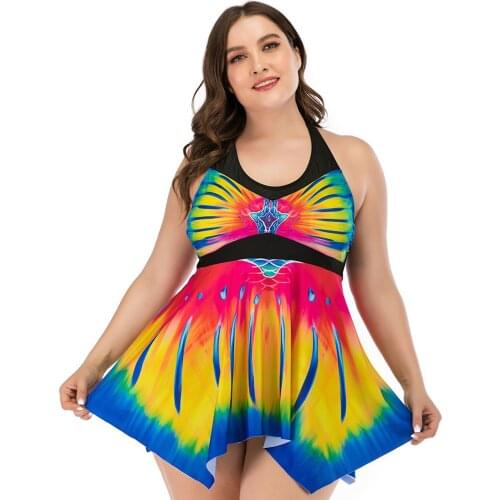 Plus Size Tankini Swimsuit With Skirt Women Push Up Colorful Swimdress 5XL Two Piece Large Size Swimwear Beach Bathing Suit