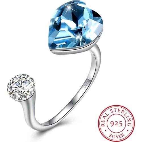 LEKANI Crystals Rose Gold Plated Heart Open Rings Adjustable Real S925 Silver Fine Finger Jewelry For Women Gifts