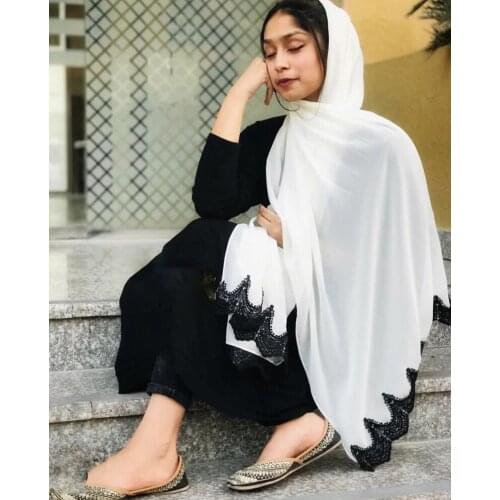 Trendy Plain Bubble Heavy Chiffon Wrap With White Embroidered Lace Solider Color Shawls Headband Muslim Hijabs Scarves/Scarf