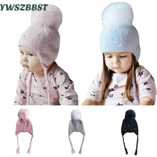 Fashion Baby Hats with Pearl Autumn Winter Hat for Girls Kids Crochet Beanies Boys Caps with pom pom Knit hats 0-3 Years