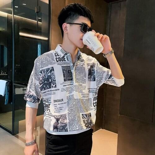 Mens Trendy Newspaper Printing Floral Shirt Lad Korean Summer Blouse Couples New Package Mail College 2021 Office Formal