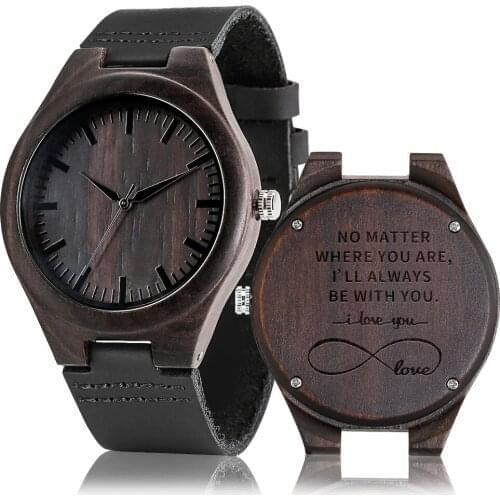 No Matter Where You Are I Will Always Be With You Male Watch Black Wooden Quartz Dial Leather Strap Pin Buckle Gifts For Husband
