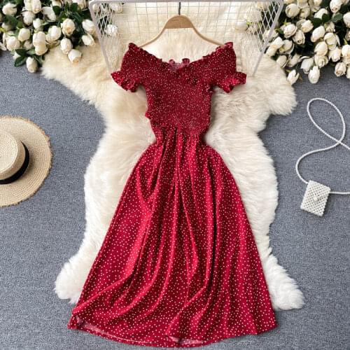 Cross stretch waist slimming sexy one-line neck strapless sweet polka dot dress 2021 new summer dress