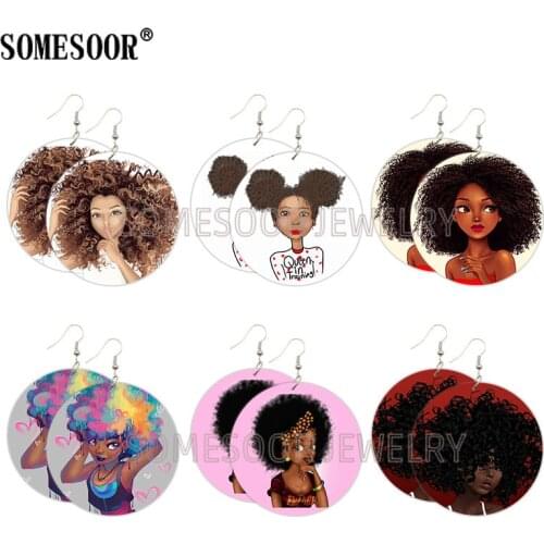 SOMESOOR Cute Afro Baby Pop Arts Wooden Drop Earrings Black Girl Magic Rock Curls Design Printed Wood Dangle For Women Gifts