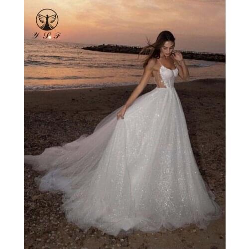 2022 Sexy Wedding Dresses Spaghetti Strap Appliqued Beaded Bling Bling Glitter Fabric Vestidos De Novias